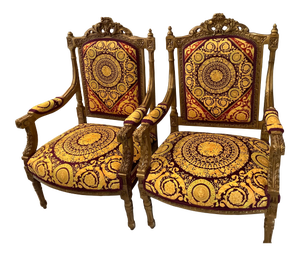 Louis XVI Style Vintage Gold Hand Carved Chairs With Atelier Versace Style Fabric