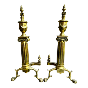 A Pair of Antique French Empire Style Bronze Column Flame Finial Clawfoot Andirons