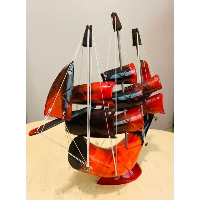 Persimmon 1950s Hand Carved Horn Ship on Horn Base For Sale - Image 8 of 11