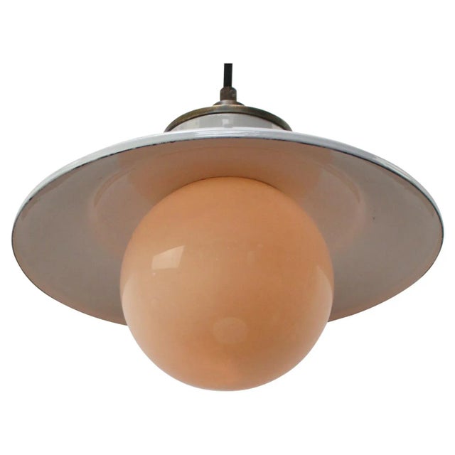 1950s Vintage White Enamel, Opaline Glass, Porcelain & Brass Pendant Lamp For Sale - Image 5 of 8