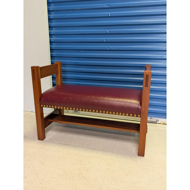 Mid-Century Modern 2005 L. & j.g. Stickley Cherry Wood "Gus" Limited Run Collector Bench - Capri Henna Leather For Sale - Image 3 of 11