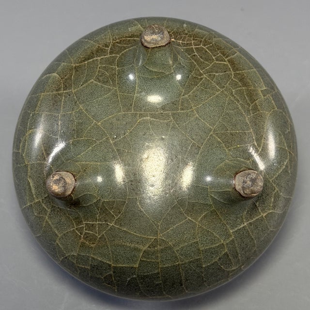 Blue Antique Chinese Celadon Crackle Glaze Tripod Censer, Collectible Ceramic For Sale - Image 8 of 8