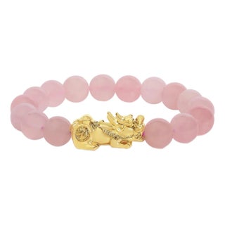 18K Yellow Gold Dragon Charm Natural Rose Quartz Beaded Charm Bracelet For Sale