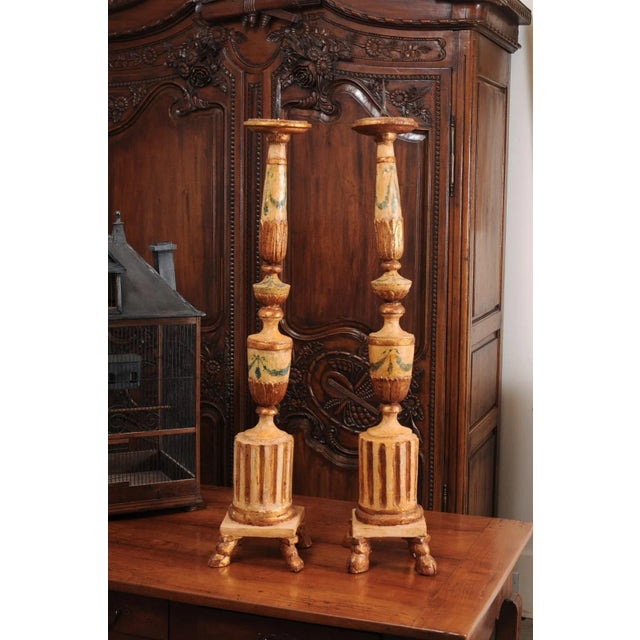 18th Century Neoclassical Painted & Gilded Candlesticks with Hoof Feet - a Pair For Sale - Image 11 of 12