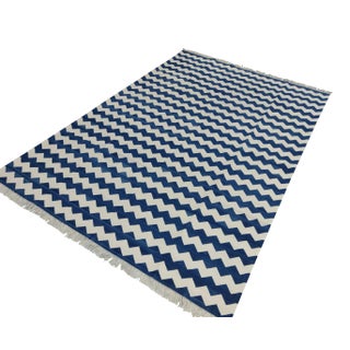 Handmade Cotton Small Chevron Rug, Blue And White - 6'x9' For Sale