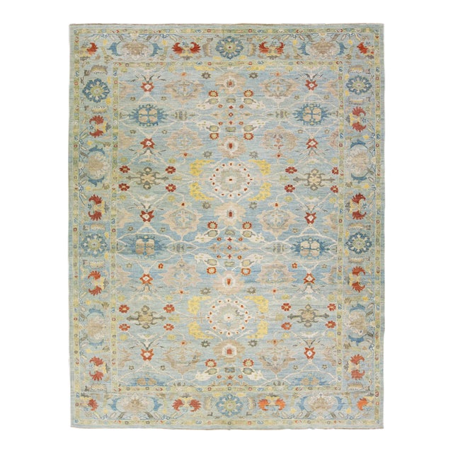 2010s Contemporary Sultanabad Light Blue Handmade Floral Motif Wool Rug For Sale