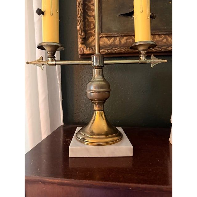 Vintage French Brass & Marble Bouillotte Lamp – Twin Arrow / Archer Table Lamp With Clip-on Shades For Sale - Image 9 of 11