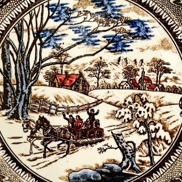1960s Vintage Chase Import Currier & Ives Style Winter Sleigh Ride Ironstone Dinner Plates - Set of 8 For Sale - Image 5 of 7