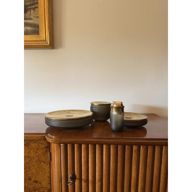Yellow murano glass smoking set veart, murano italy 1970 glass, brass large ashtray: h 7 × 24 × 24 cm small ashtray: h 5 ×...