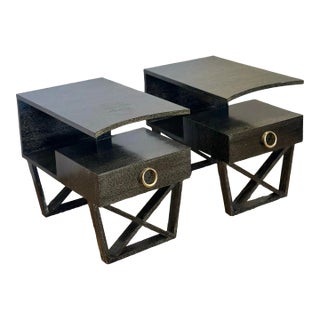 Vintage Modern Cantilever Dark Green Cerused Nightstands or Side Tables – a Pair For Sale