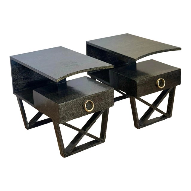 Vintage Modern Cantilever Dark Green Cerused Nightstands or Side Tables – a Pair For Sale