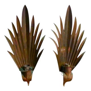 Art Deco French Palm Leaf Sconces in Hammered Copper, 1930, Set of 2 For Sale