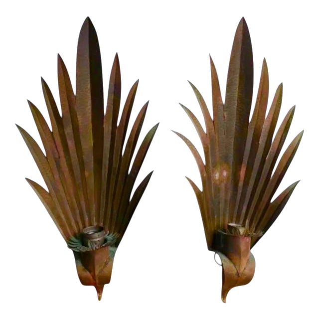 Art Deco French Palm Leaf Sconces in Hammered Copper, 1930, Set of 2 For Sale