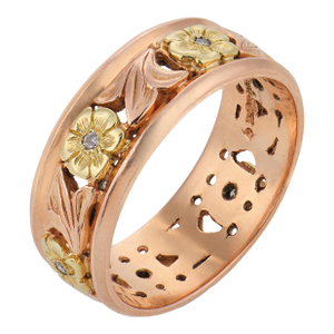 1940s Retro Diamond 14k Rose and Yellow Gold Floral Band, Size 9