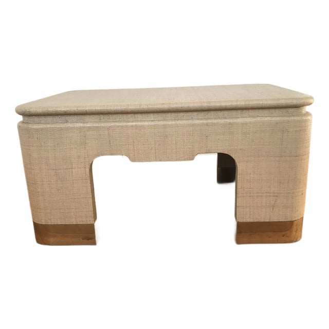 Vintage Lacquered Grasscloth Coffee Table With Brass Feet For Sale