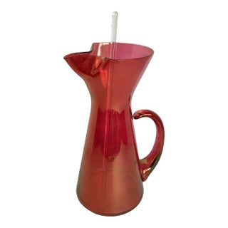 Vintage Hand Blown Glass Pitcher With Glass Stir Stick For Sale