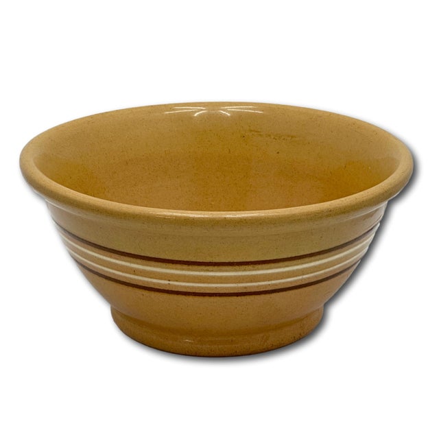 Nice Antique Thick & Heavy 9.25 Inch Brown & White Banded Yellow Ware Kitchen Batter Mixing Bowl Late 1800s For Sale In Boston - Image 6 of 14