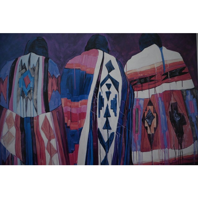 Framed unsigned gallery print by Santa Fe artist Dolona Roberts (American/Cherokee, b. 1936), depicting three Pueblo women...