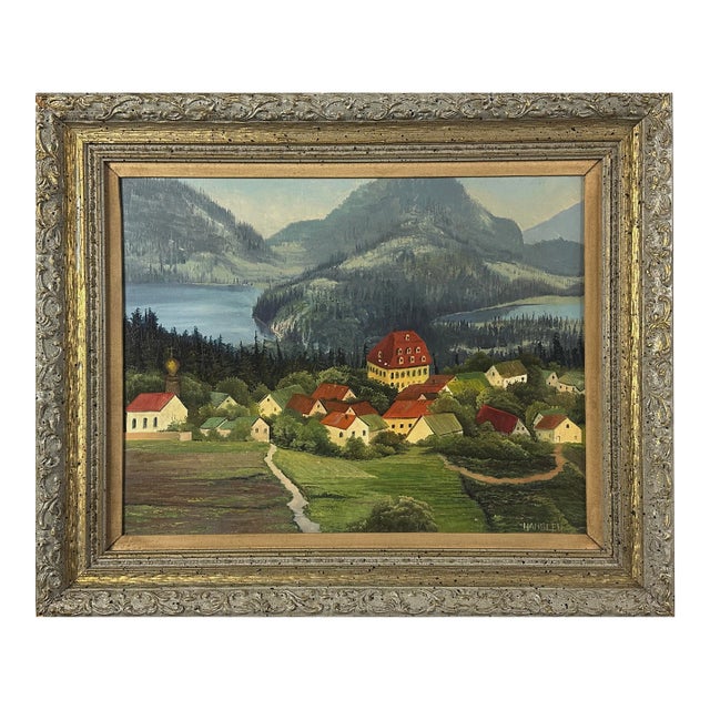 Vintage Folk Art German Village Mountainous Landscape, Signed (Oil on Board) For Sale