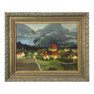 Vintage Folk Art German Village Mountainous Landscape, Signed (Oil on Board)