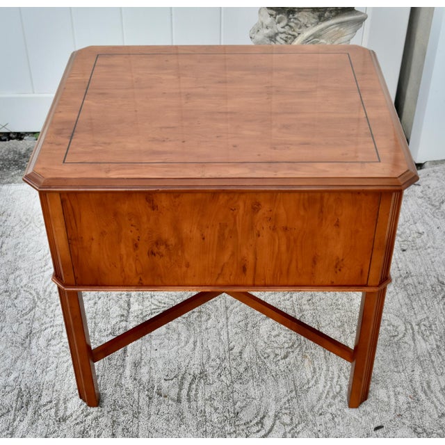 Drexel Inlaid Side Table YewWood One Drawer Regency Style Stretcher Base Vintage For Sale In Philadelphia - Image 6 of 13