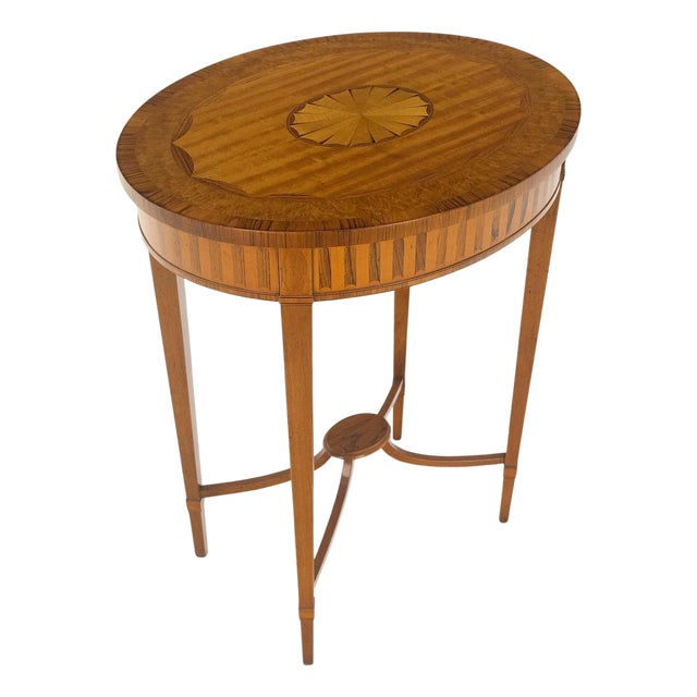 Fine Inlaid Oval Top Adams Style Tapered Legs Lamp Side Table Stand MINT For Sale