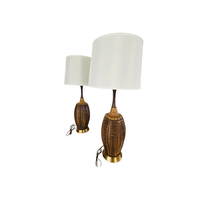 Pair of Mid-Century Modern Brutalist Abstract Ceramic Table Lamps – Geometric Textured Design For Sale - Image 6 of 13
