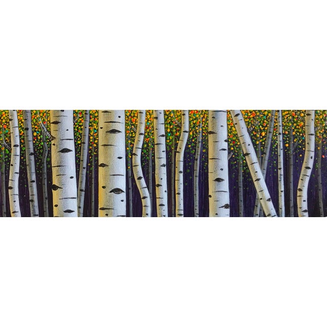 Untitled by Thane Gorek | Oil on Board Painting of a forest with birch trees and colorful foliage For Sale
