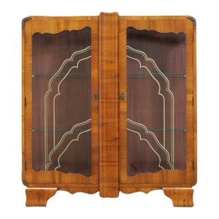1930s Art Deco Walnut China Display Cabinet For Sale