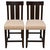 Set of two counter height stools featuring a dark wood frame, slat back design, and neutral upholstered seats with...