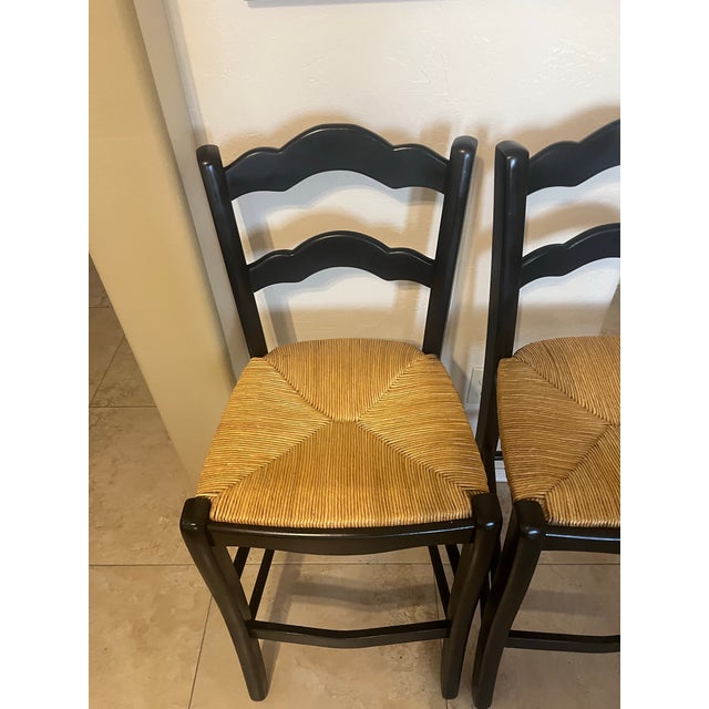 Mid 20th Century Country French Style Black Rush Seat Barstools- A Pair For Sale - Image 4 of 12