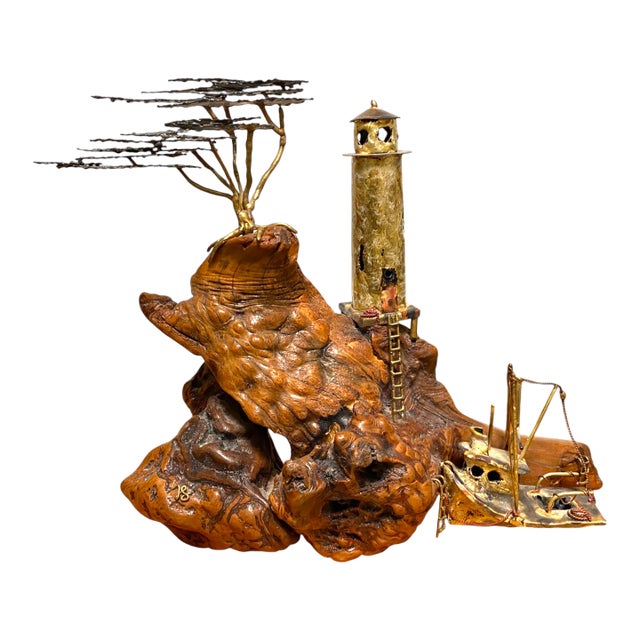 Mid 20th Century Frank Sunseri Burlwood & Metal Coastal Sculpture Lighthouse Nautical Carmel Monterey California Artist For Sale