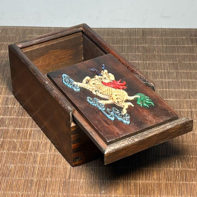 Carved Wood Box With Bone Inlay Auspicious Beast Motif For Sale - Image 9 of 9