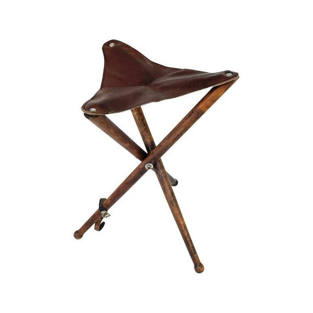 Military Campaign Foldable Tripod Hunting Stool in Wood and Leather Upholstery For Sale - Image 6 of 6
