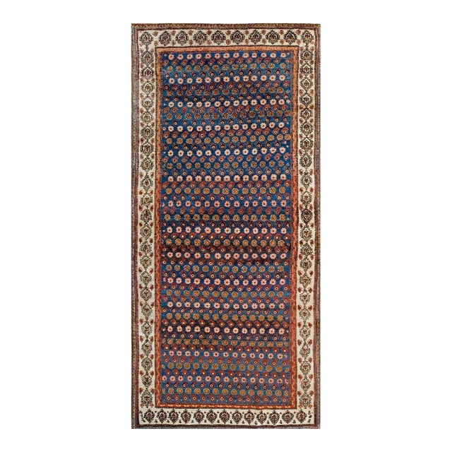 Formidable Royal Blue Background With Linear Rows of Flowers Houndstooth Pattern Antique Persian Rug For Sale