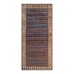 Formidable Royal Blue Background With Linear Rows of Flowers Houndstooth Pattern Antique Persian Rug