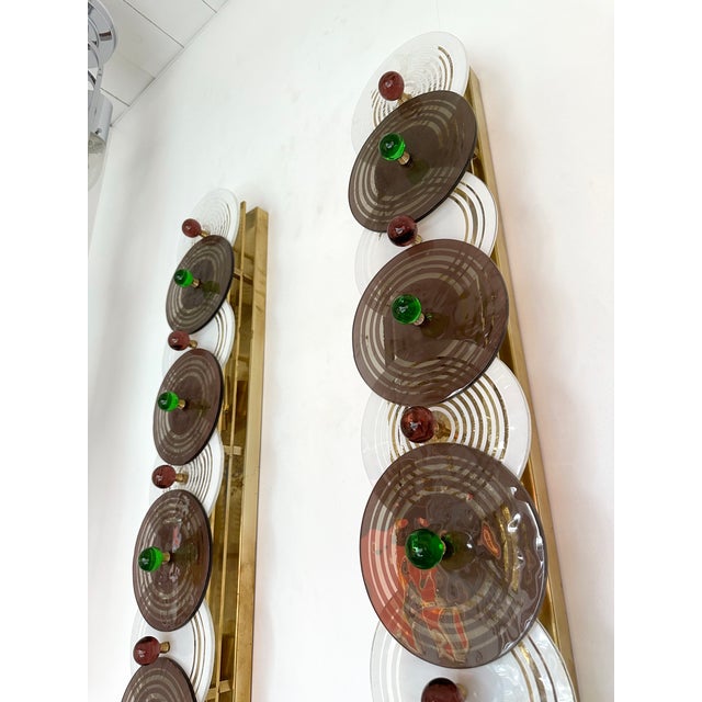 Large Contemporary Pair of Brass and Circle Disc Murano Glass Sconces, Italy For Sale - Image 11 of 12