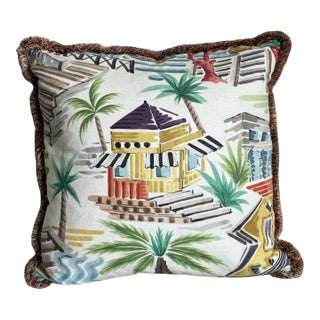 Coastal Resort Scenic Decorative Accent Pillow With Designer Fringe Trim For Sale