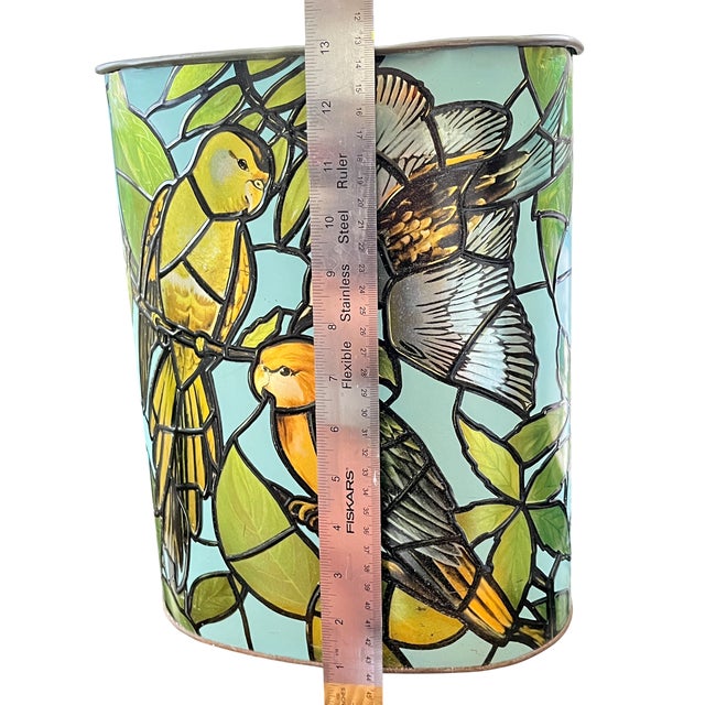 Mid 20th Century Vintage j.l. Clark Faux Stained Glass Bird & Foliage Metal Wastebasket, 1960s–70s For Sale - Image 5 of 8