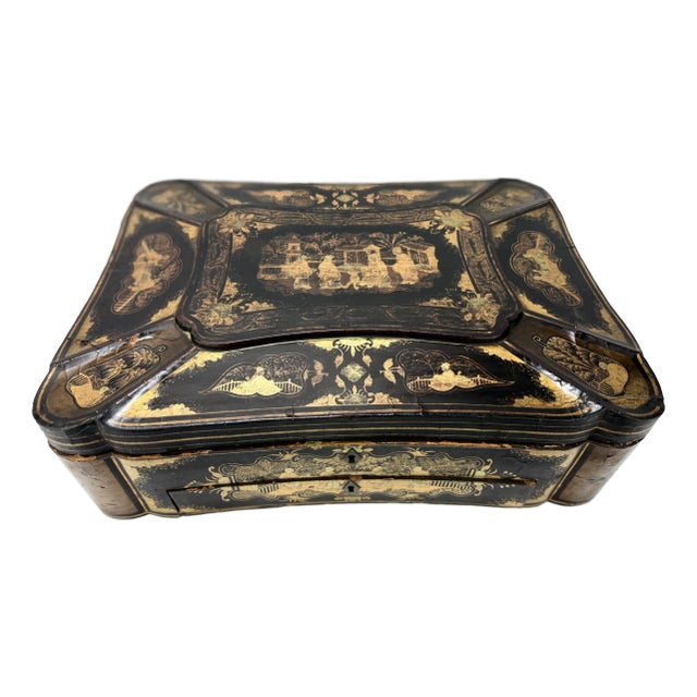 Large Chinese Export Black Lacquer & Gilt Decorated Sewing Box C. 1860 For Sale