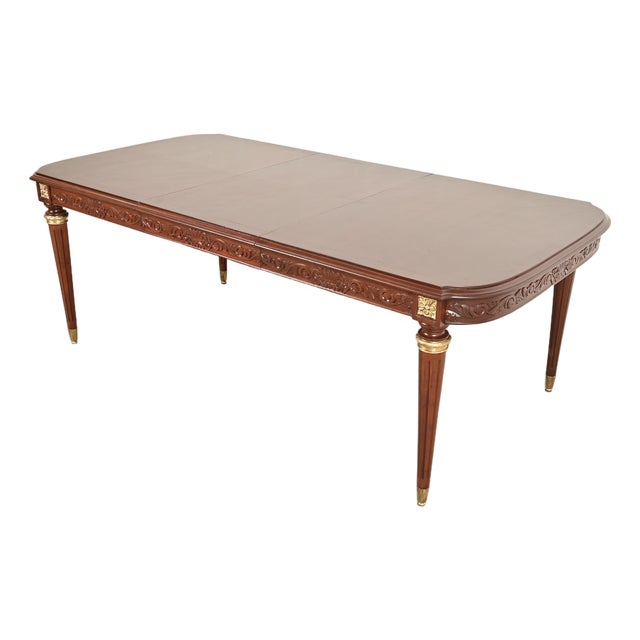 Maison Jansen Style French Regency Louis XVI Mahogany and Gilt Bronze Extension Dining Table, Newly Refinished For Sale