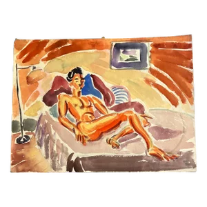 1940’s Original Male Nude in Interior Watercolor Painting