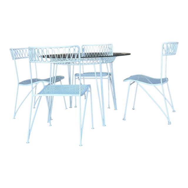 Salterini Ribbon Patio Table and 4 Chairs Wrought Iron Mid Century For Sale