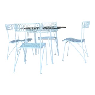 Salterini Ribbon Patio Table and 4 Chairs Wrought Iron Mid Century, Attributed For Sale