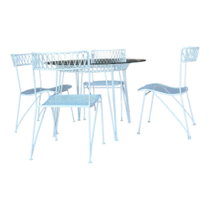 Salterini Ribbon Patio Table and 4 Chairs Wrought Iron Mid Century, Attributed