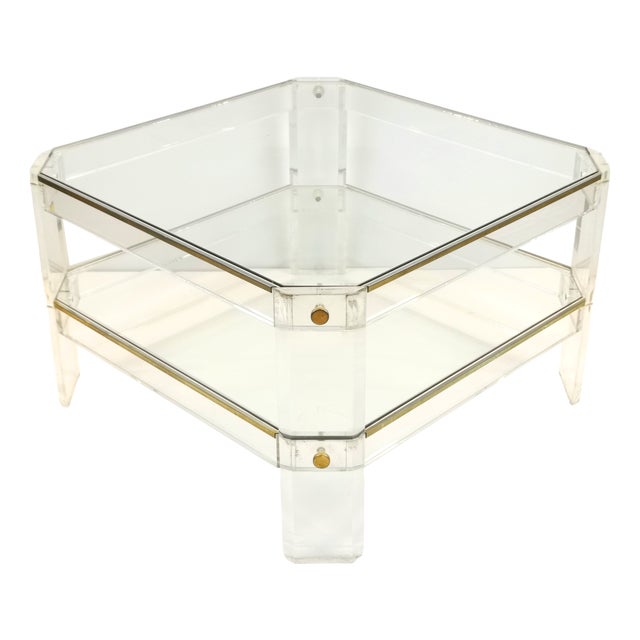 Mid-Century Modern Octagonal Acrylic Glass and Brass Coffee Table in the style of David Lange, 1970s For Sale