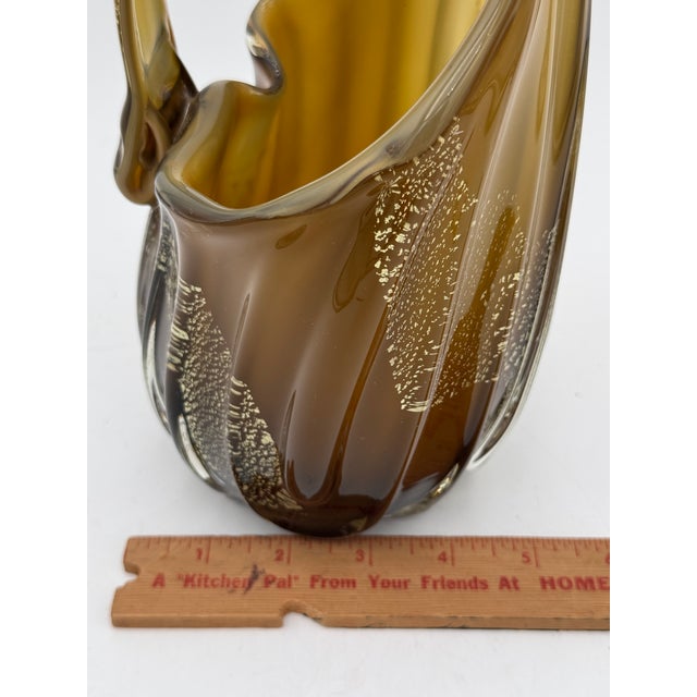 Amber Mid Century Murano Amber Art Glass Aventurine Gold Flecks Vase Basket Handled For Sale - Image 8 of 11