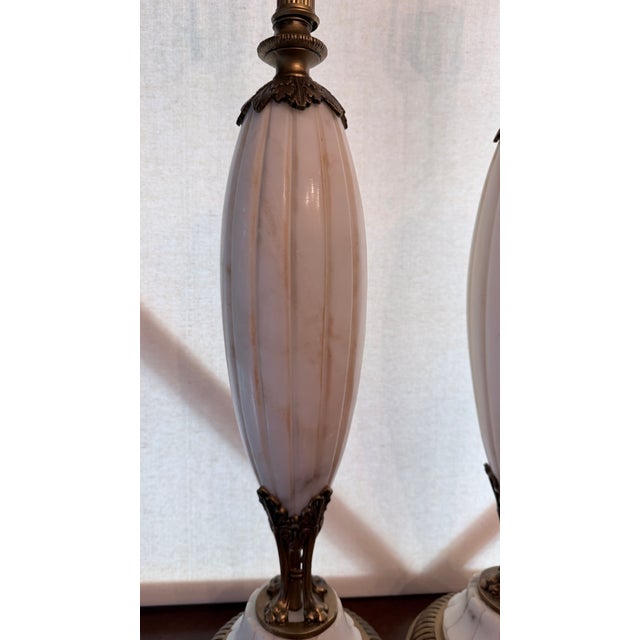 Mid-Century Modern Vintage Mid-Century Modern Neoclassical Carved Alabaster & Brass Spindle Table Lamps - A Pair. For Sale - Image 3 of 18