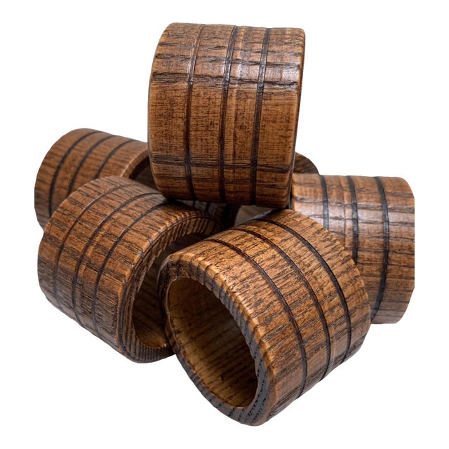 Vintage Midcentury Wood Carved Napkin Rings, Set of Six For Sale