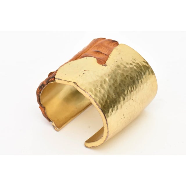 Modern Studio Signed Hand Hammered Brass and Brown Leather Wide Cuff Bracelet 2000 For Sale - Image 3 of 9